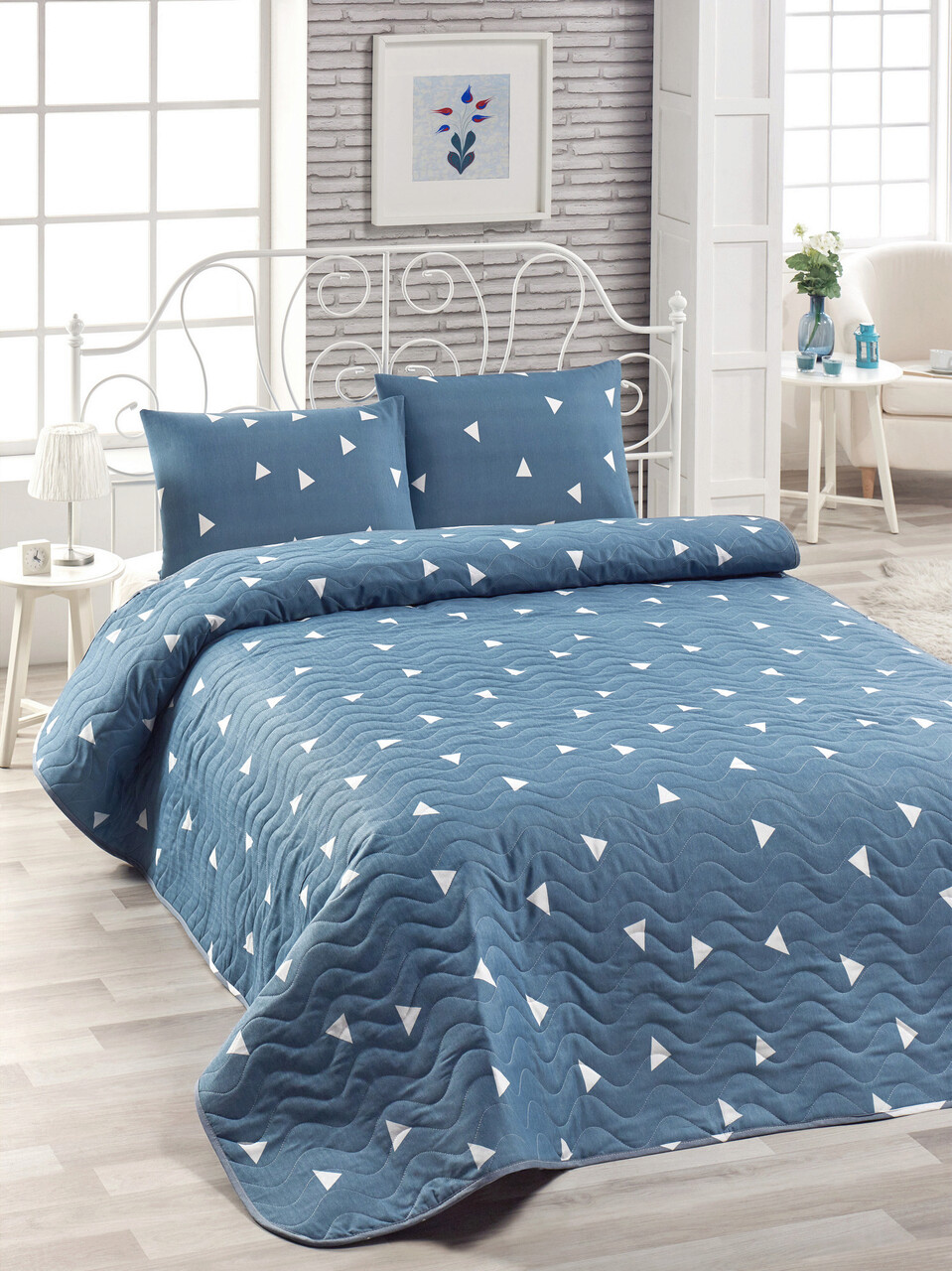 Set cuvertura Single 160x220 cm, 2 piese, L'essentiel Maison, Üçgen, Albastru/Alb - imagine 3